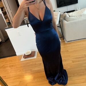 Blue tie up back satin gown